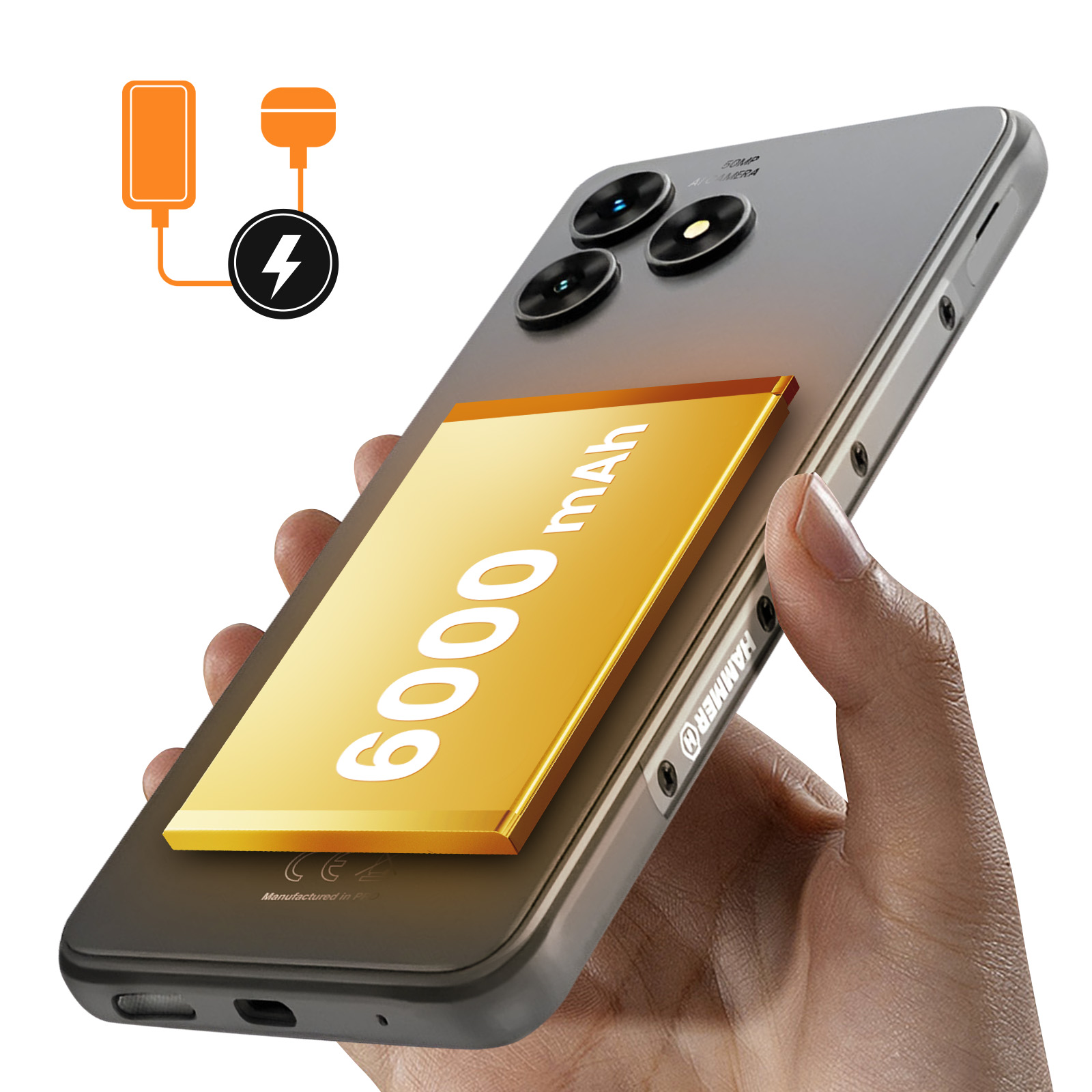 Dłoń trzymająca telefon z obrazem baterii 6000 mAh, z ikonami ładowania.