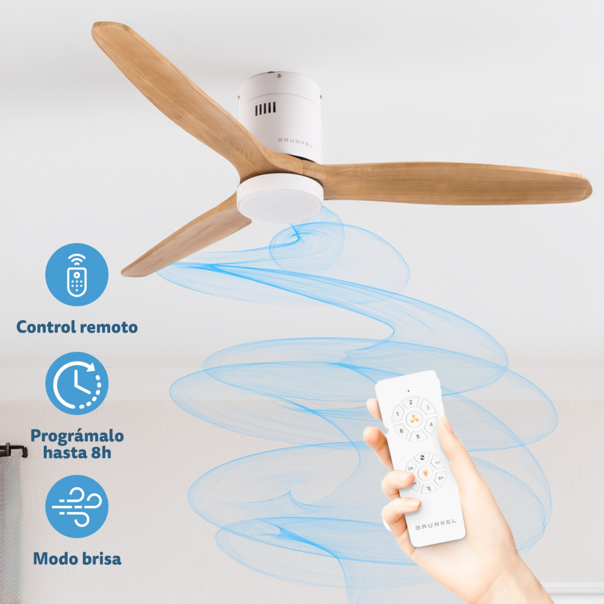 Wentylator sufitowy z trzema drewnianymi łopatkami, pilotem i ikonami wskazującymi tryby użytkowania.