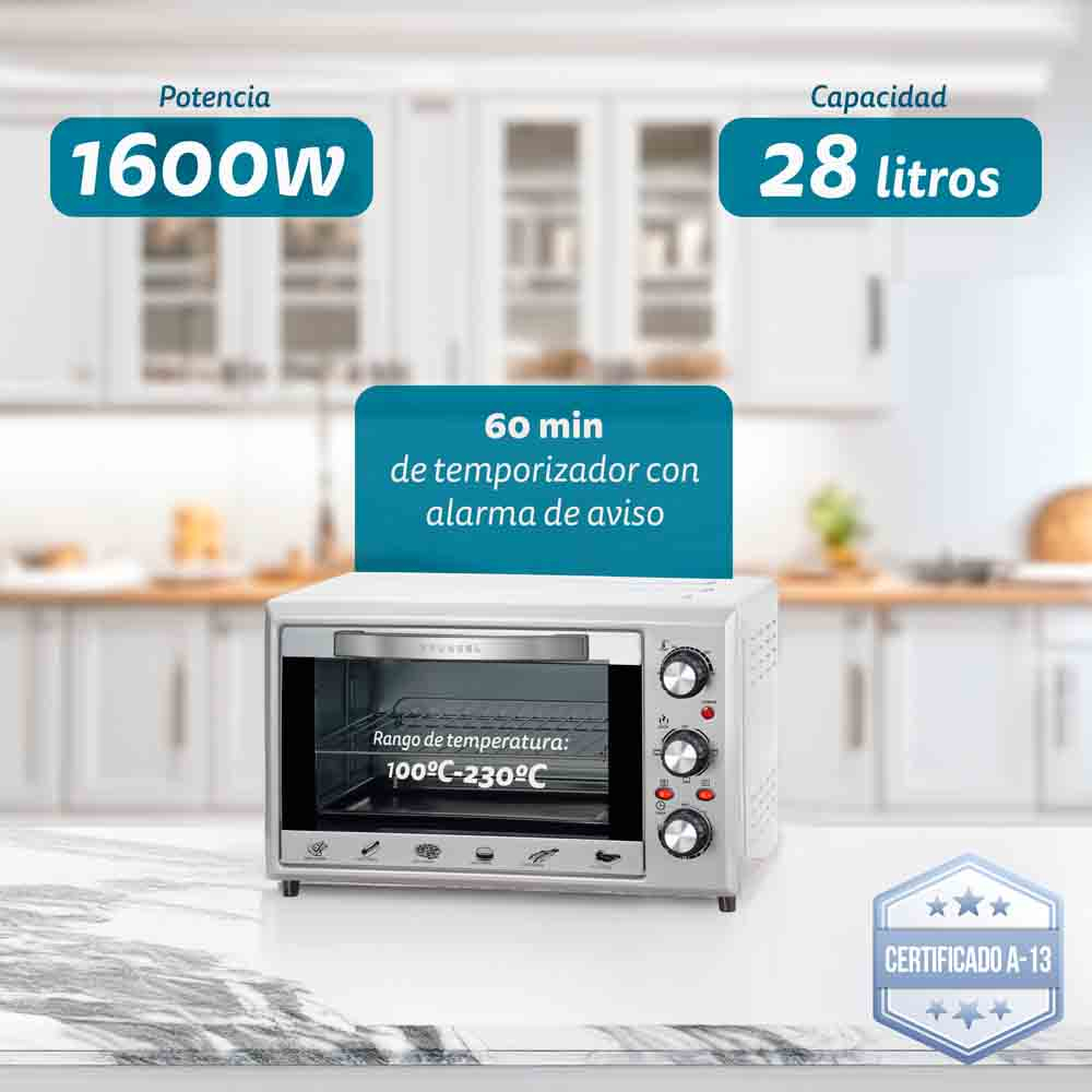 Mini forno bianco e grigio con manopole e display digitale, circondato da testo.