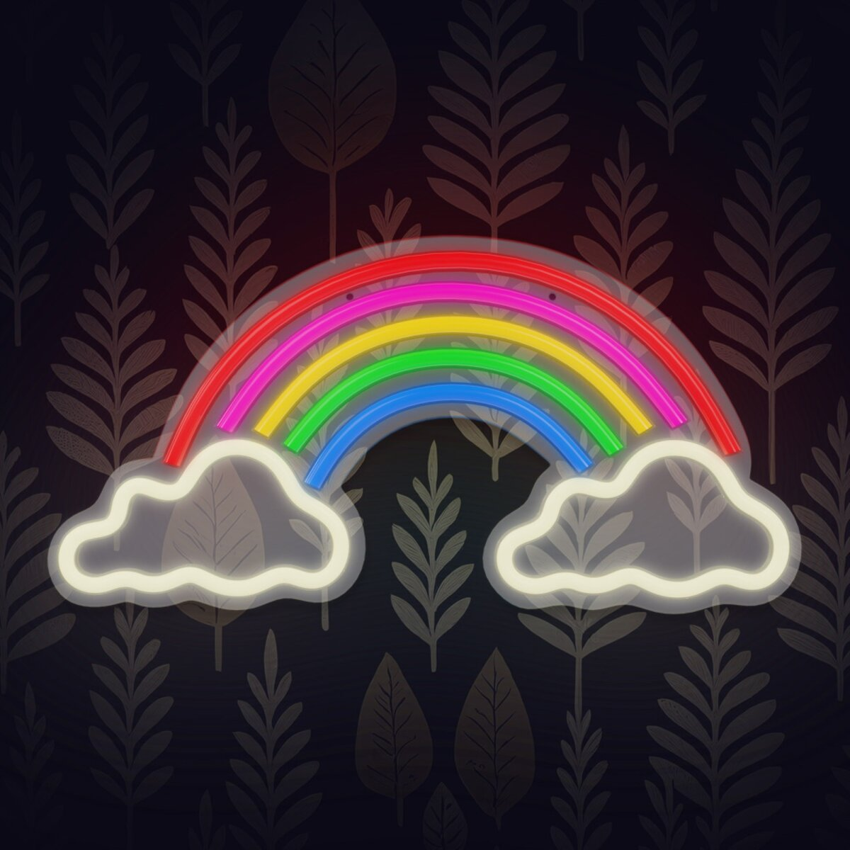 Un arcoíris de neón con nubes. Los colores son rojo, amarillo, verde, azul y violeta. Fondo oscuro.