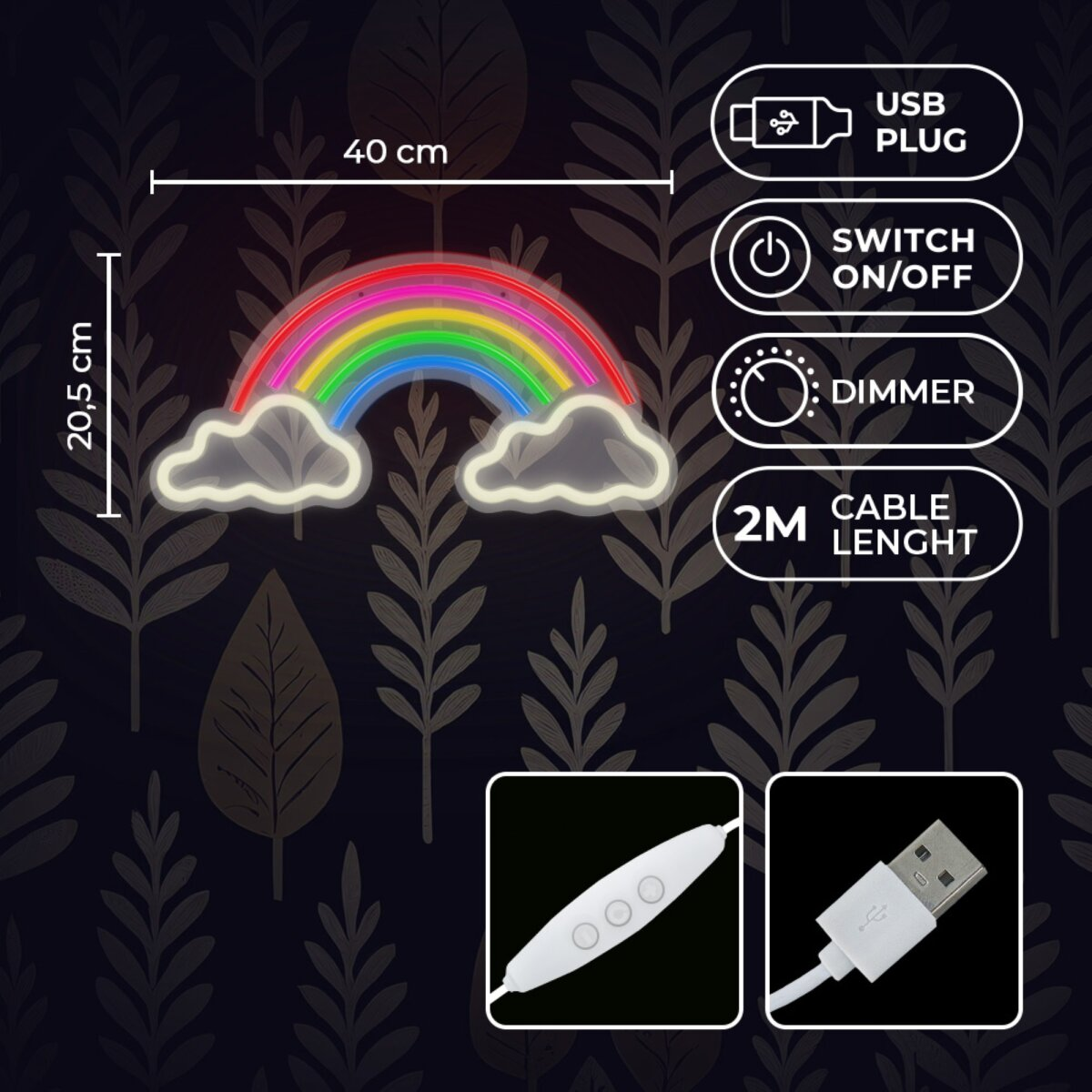 Un letrero de neón de arcoíris con nubes, con un enchufe USB, interruptor de encendido/apagado, atenuador y 2M de longitud de cable.