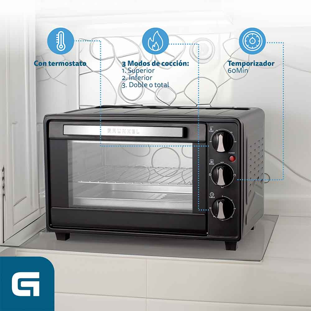 Forno nero con porta aperta ed etichette di testo. Testo in spagnolo. Le icone indicano le funzioni di temperatura e timer. Marchio 'Grunkel'.