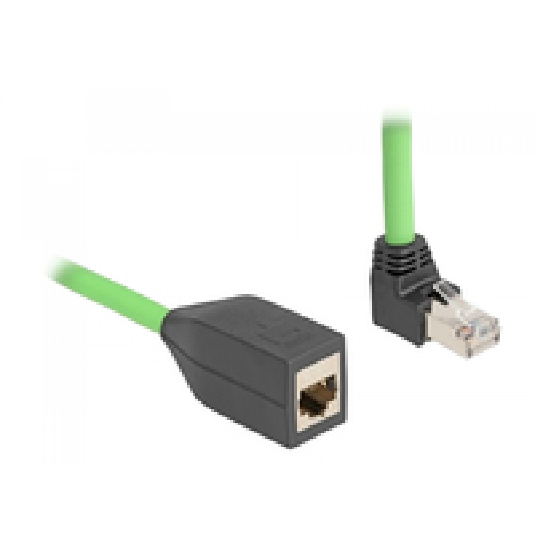 Cavo di rete verde con un connettore da un lato e un adattatore dall'altro, sfondo bianco.