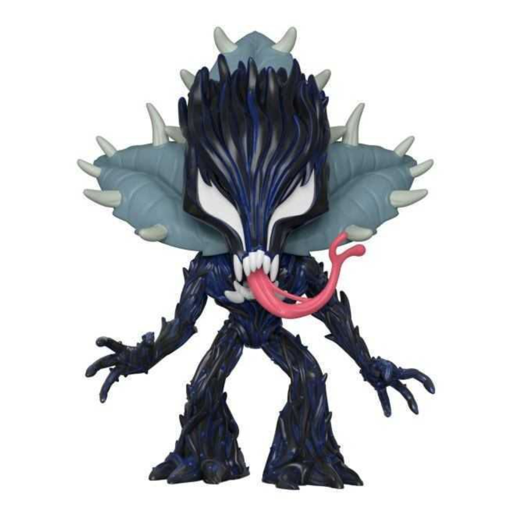 Una figura Venomized con una testa grande, denti affilati, una lingua rosa e multiple punte. Colori nero e blu.
