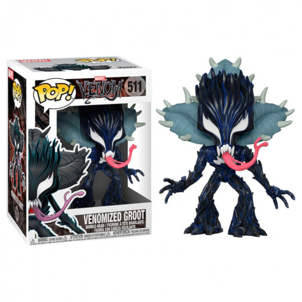 Una figura di Groot Venomizzato accanto alla sua scatola. La figura ha una testa grande, denti affilati e una lingua rosa.