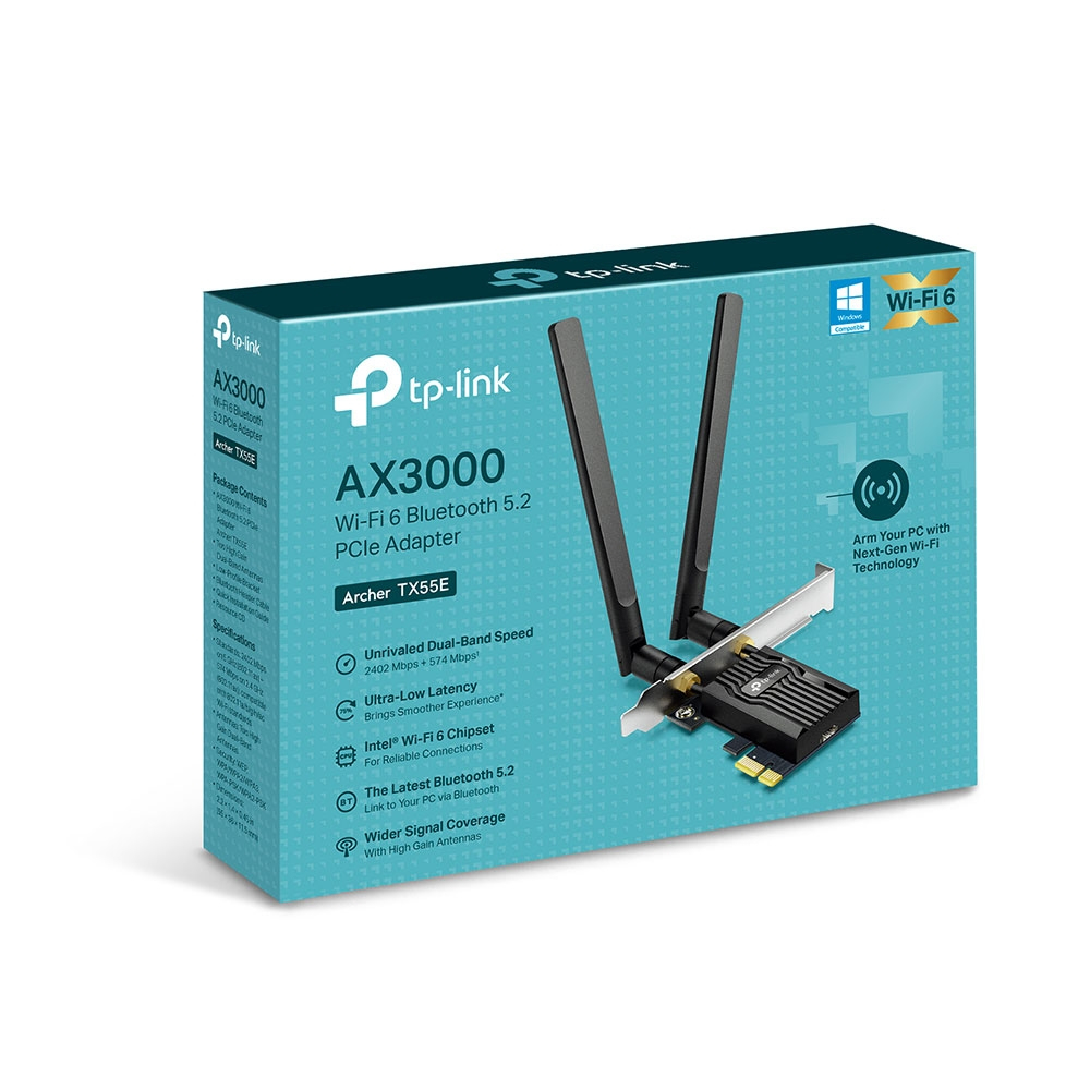 Białe pudełko adaptera PCIe TP-Link AX3000 Wi-Fi 6 Bluetooth 5.2. Zawiera produkt i jego specyfikacje.