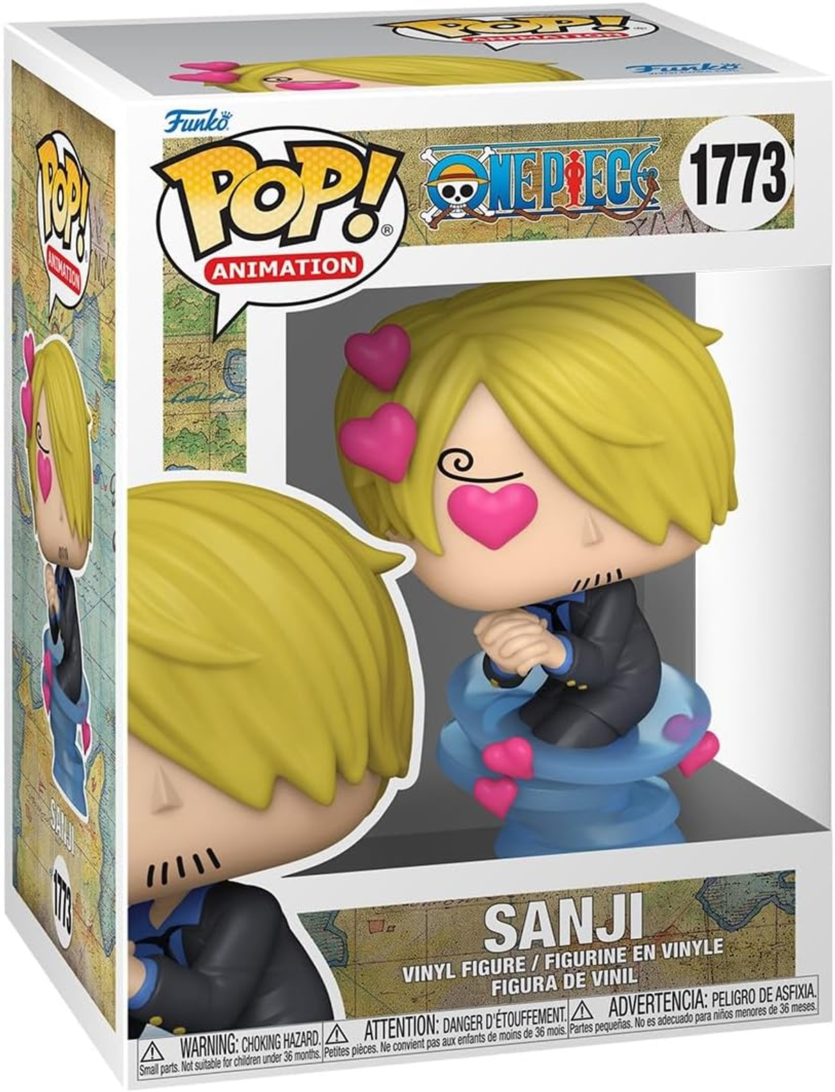 Funko Pop figuur van Sanji uit One Piece, in een doos, met harten.