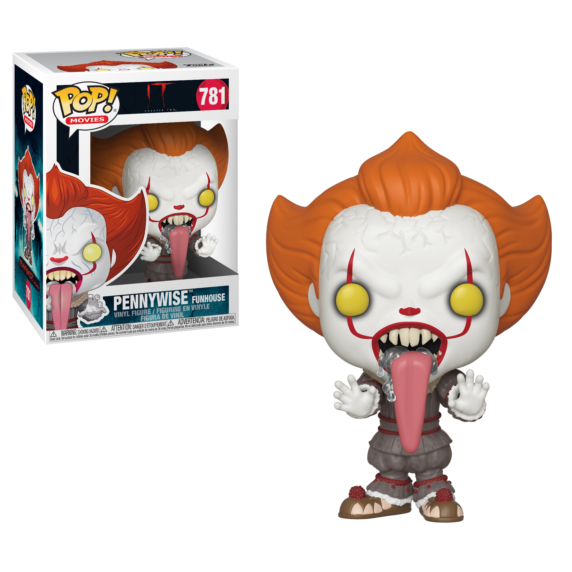 Figurka Funko Pop Pennywise z otwartymi ustami i długim językiem, pozująca obok pudełka z tym samym obrazem.