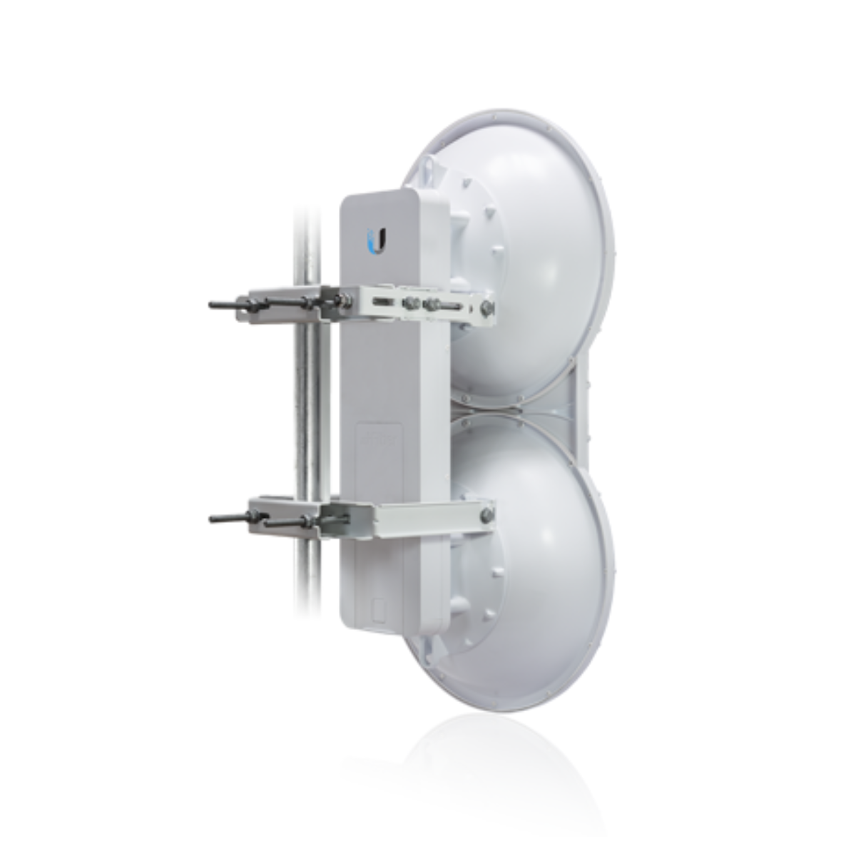 Sistema antenna bianco con due parabole bianche, montato su un palo.