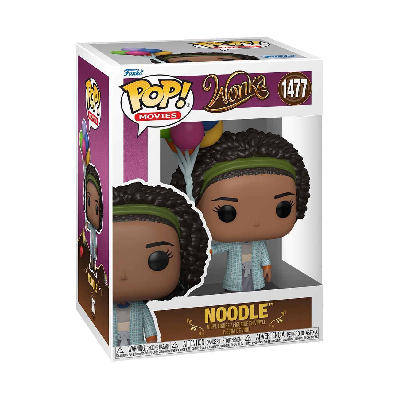 Figurka Funko Pop Noodle z Wonki, trzymająca balony, z pudełkiem w tle z tym samym obrazem.