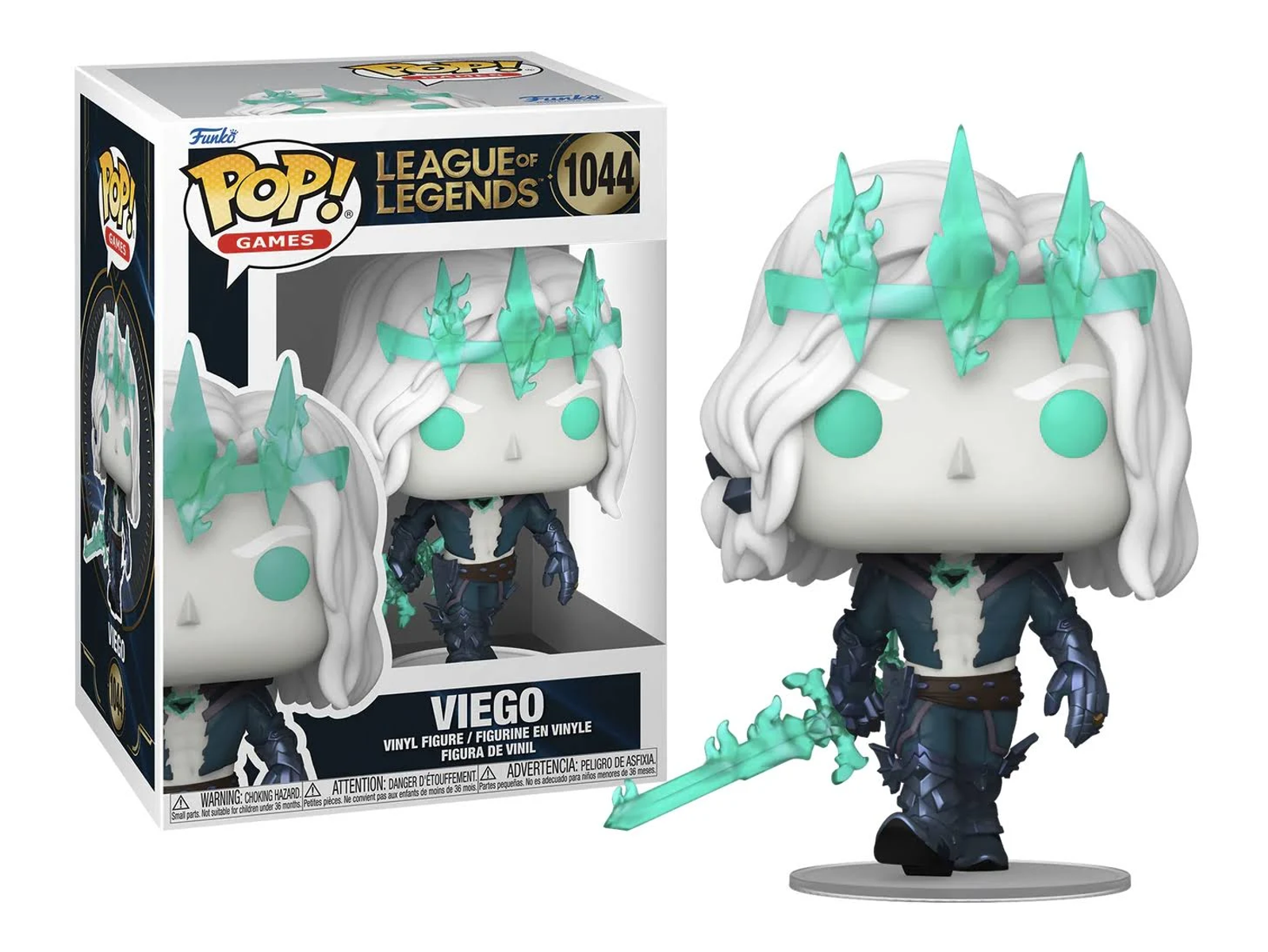 Figura Funko Pop di Viego con capelli bianchi, corona e spada, in posa accanto a una scatola con la stessa immagine.