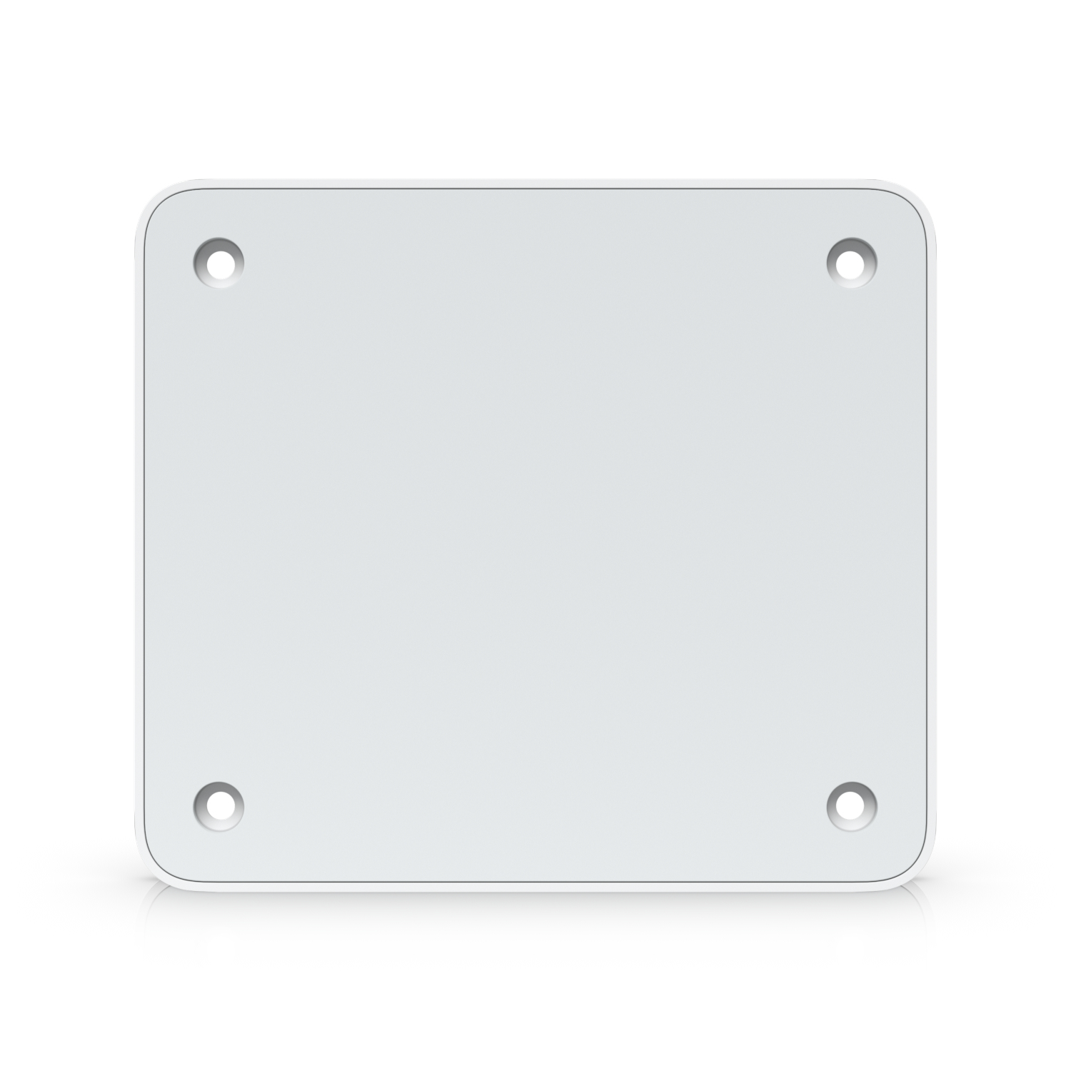 Dispositivo quadrato bianco con quattro fori su sfondo bianco.