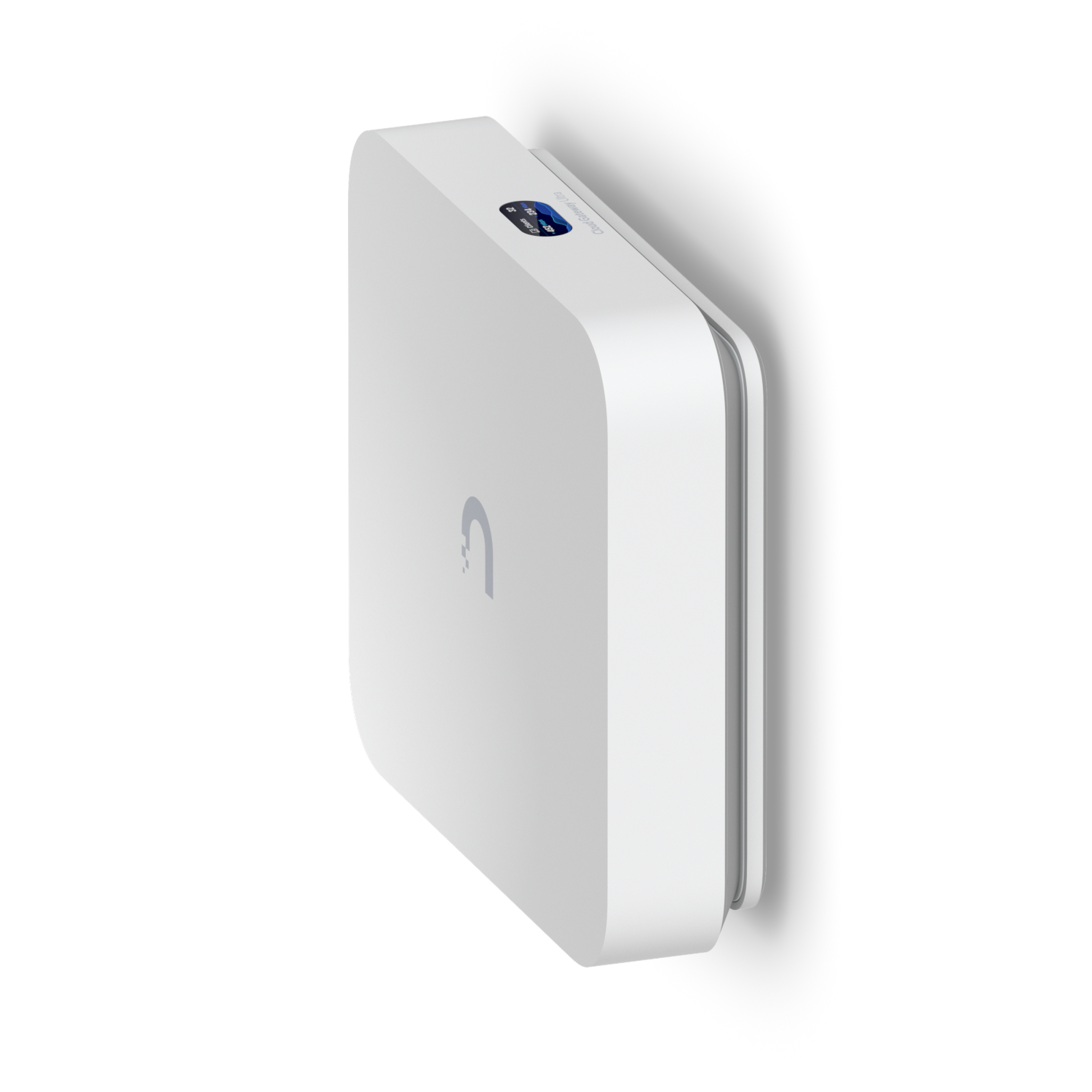 Un dispositivo bianco di forma quadrata con angoli arrotondati, montato su una parete, con un piccolo display in alto.