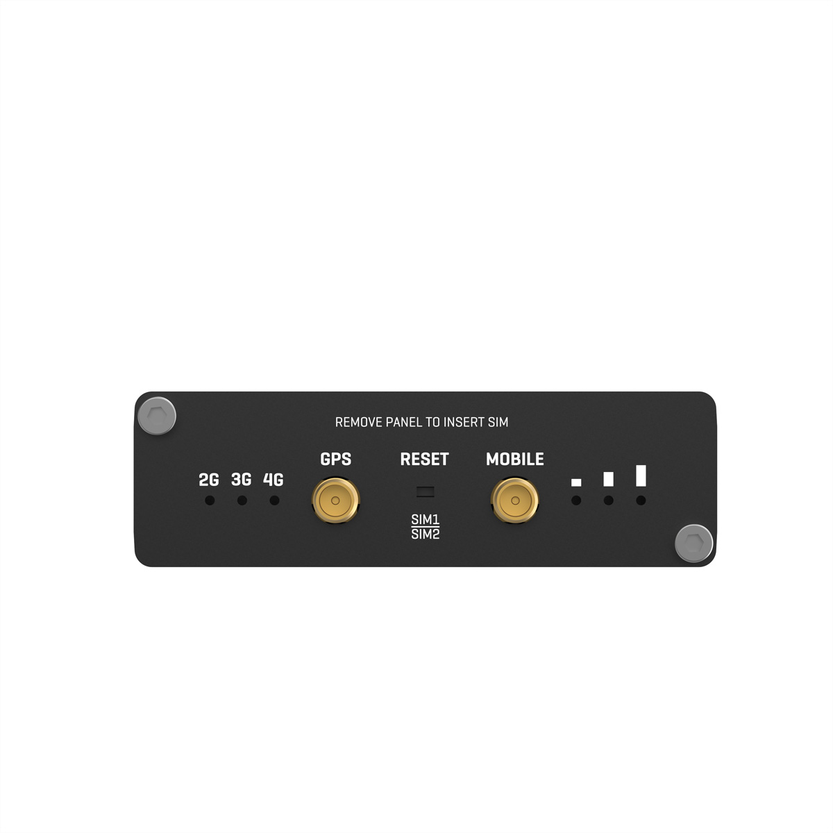 A black device with buttons and ports, labeled with text, on a white background. It has antennas and ports.