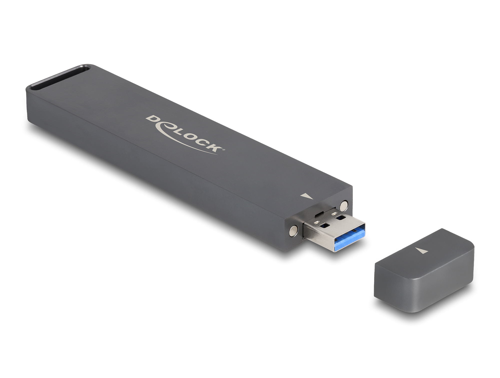 Chiavetta USB grigio scuro con cappuccio, su sfondo bianco.