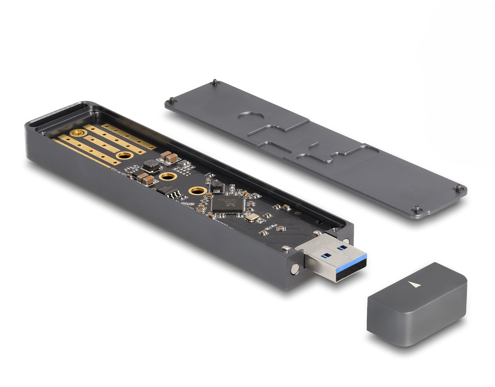 Un dispositivo grigio con una porta USB, componenti e un coperchio rimovibile, su uno sfondo bianco.