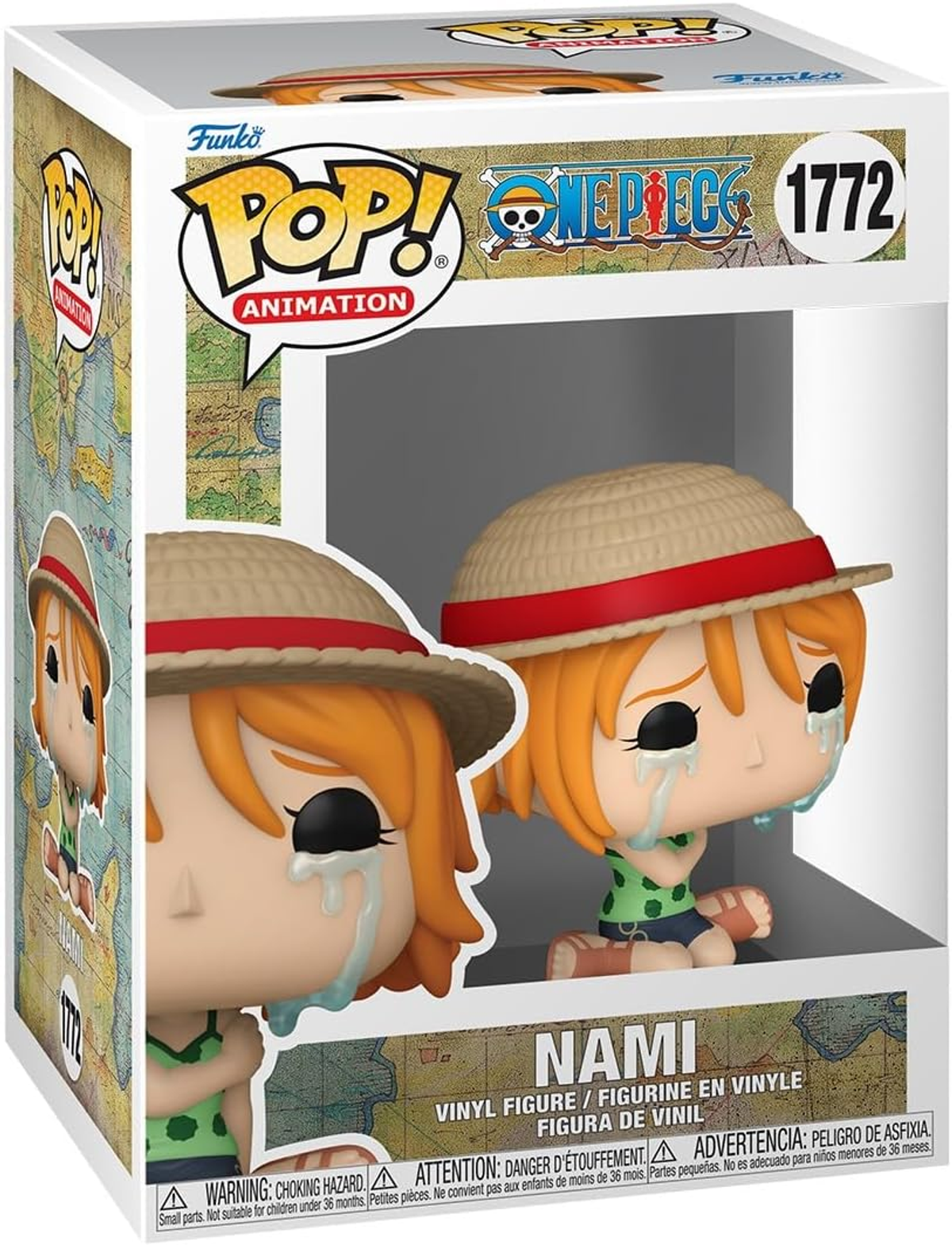 Una figura Funko Pop di Nami che piange. Indossa un cappello di paglia e una maglia verde. La scatola ha uno sfondo a mappa.