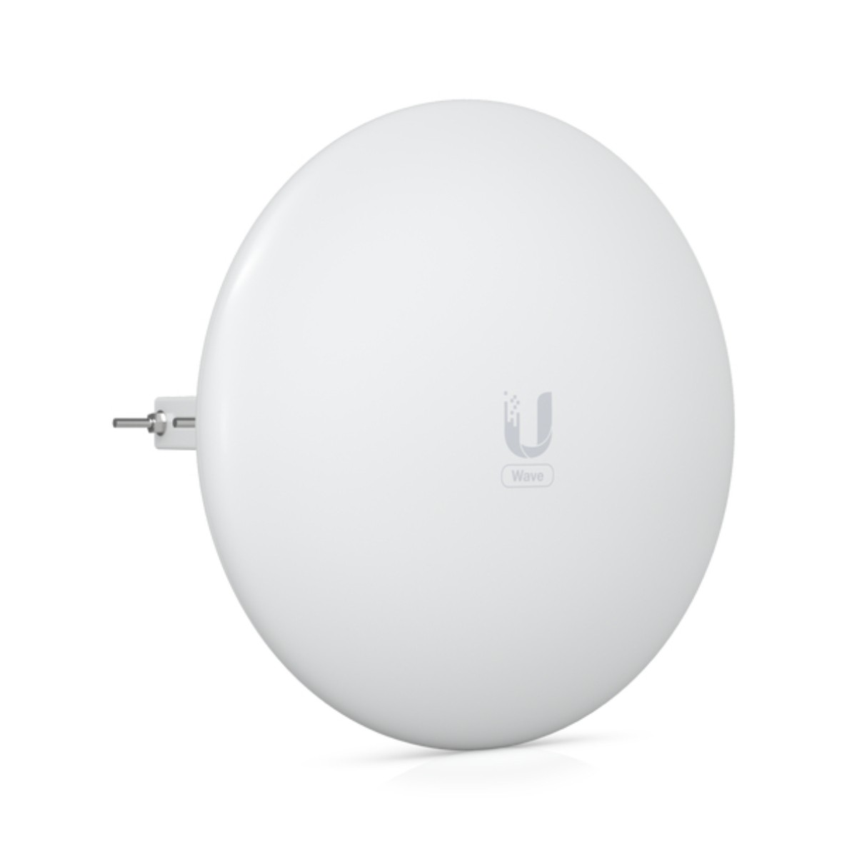 Una antena blanca y circular con un logotipo. Tiene una parte delantera redondeada y plana y un pequeño brazo para montar.
