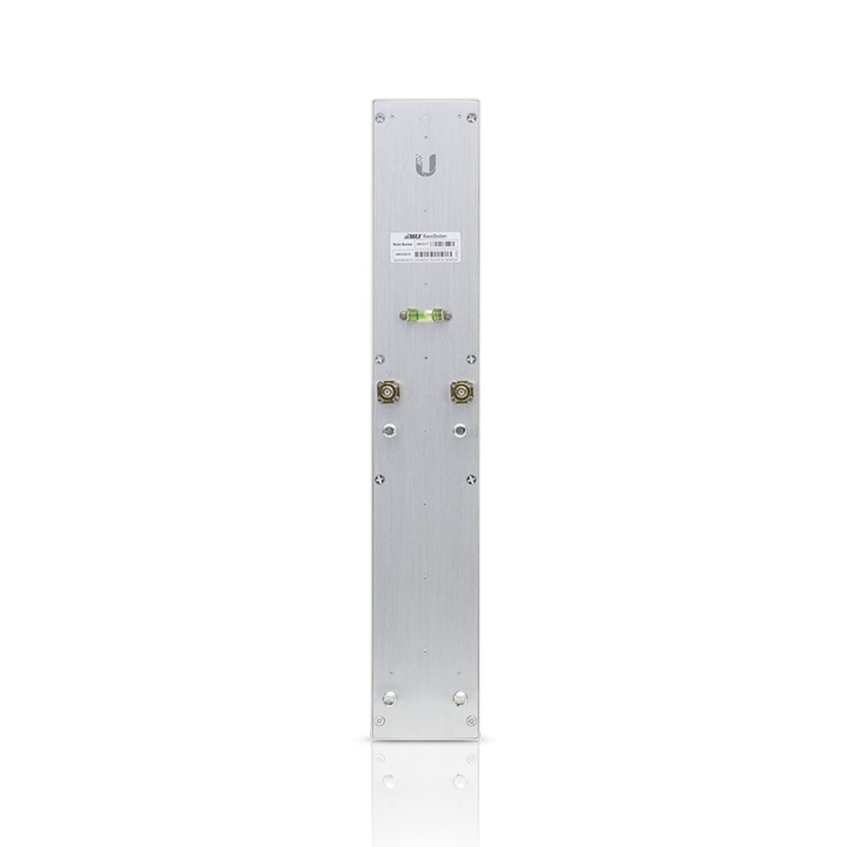 A long, silver, vertical panel with connectors and labels. It has mounting holes and a level bubble.