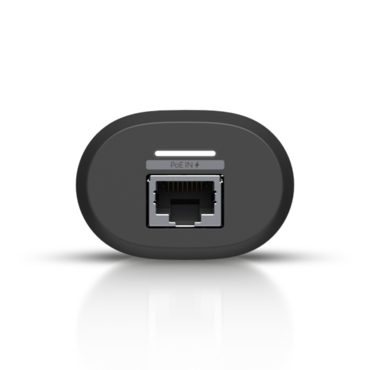 Czarne, owalne urządzenie z portem sieciowym i tekstem 'PoE IN'. Ma prosty, elegancki wygląd.