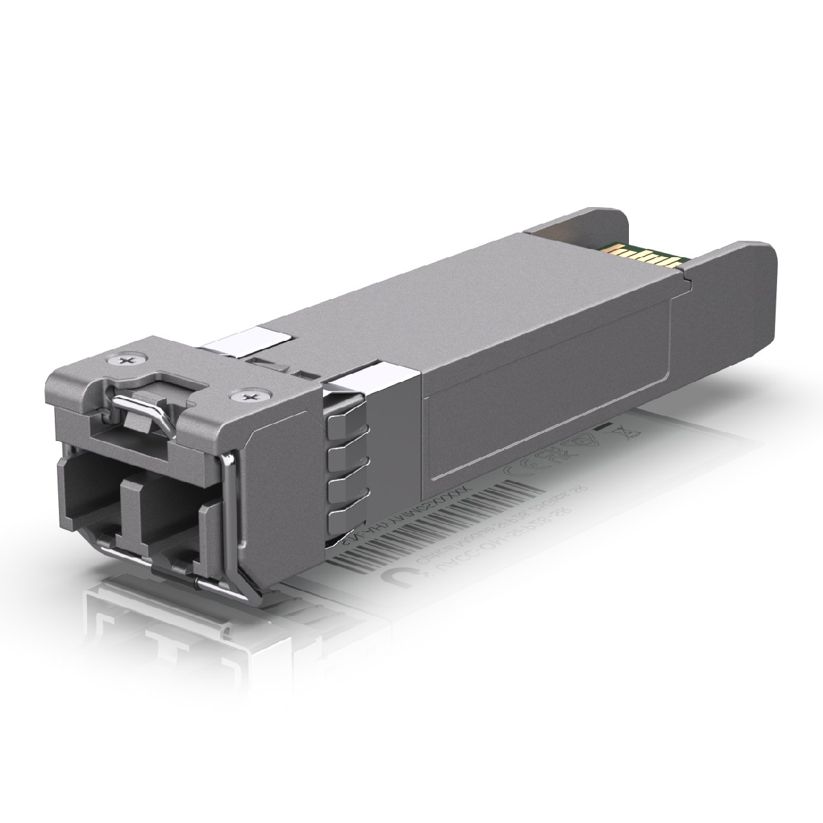 Un ricetrasmettitore SFP grigio metallizzato. È un modulo rettangolare con connettori ed etichette sul lato.