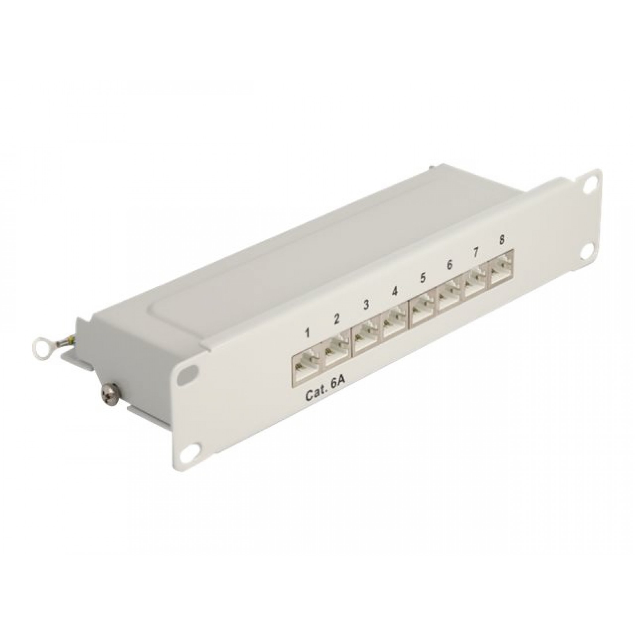 Un pannello di permutazione di rete a 8 porte con porte numerate. È bianco e ha un'etichetta Cat. 6A.