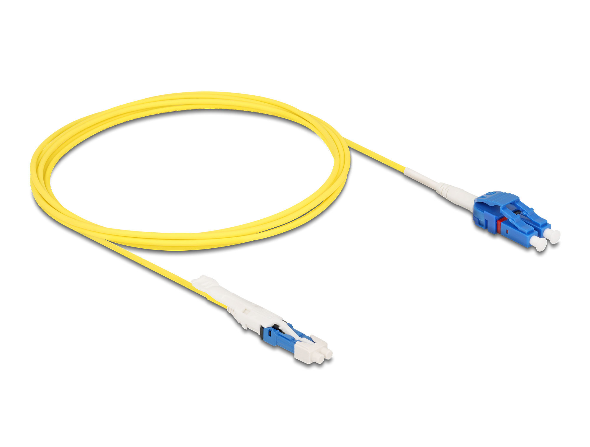 Un cavo in fibra ottica giallo con un connettore blu e bianco a ciascuna estremità, su sfondo bianco.