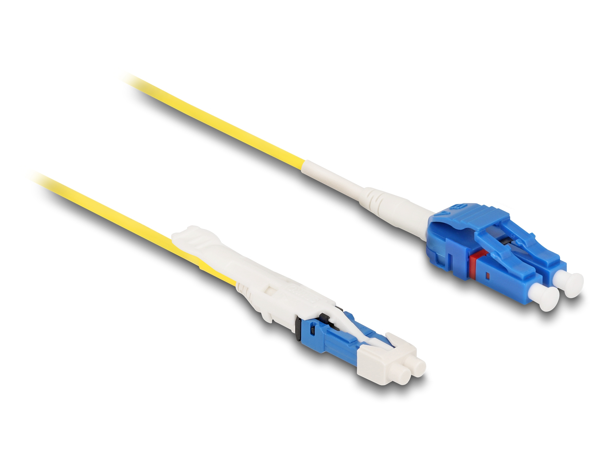 Due cavi in fibra ottica gialli con connettori blu e bianchi. Sono su sfondo bianco.