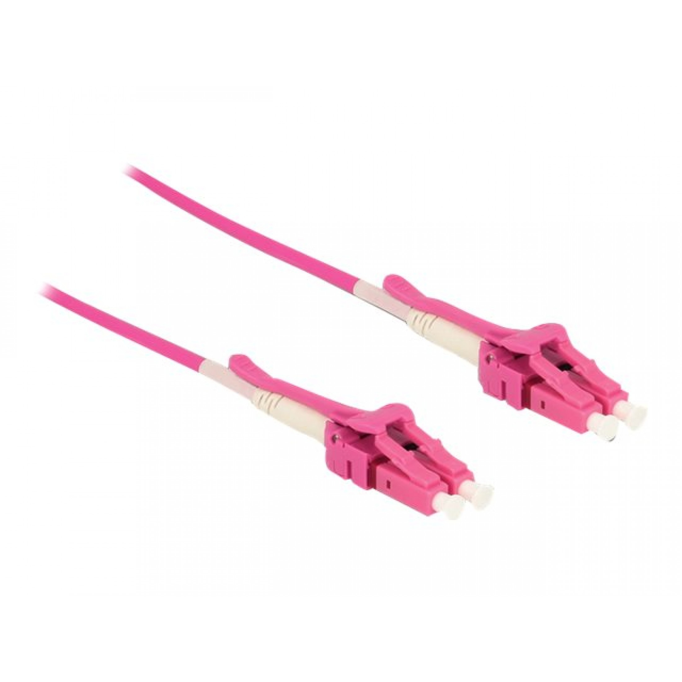 Due cavi in fibra ottica rosa con connettori rosa e cappucci bianchi, su sfondo bianco.