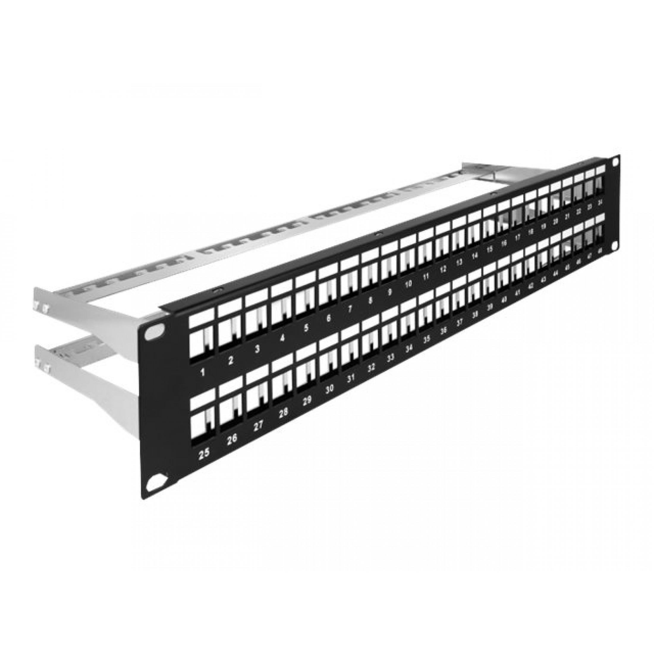 Un rack nero e argento con porte numerate. Il rack è progettato per apparecchiature di rete o server.