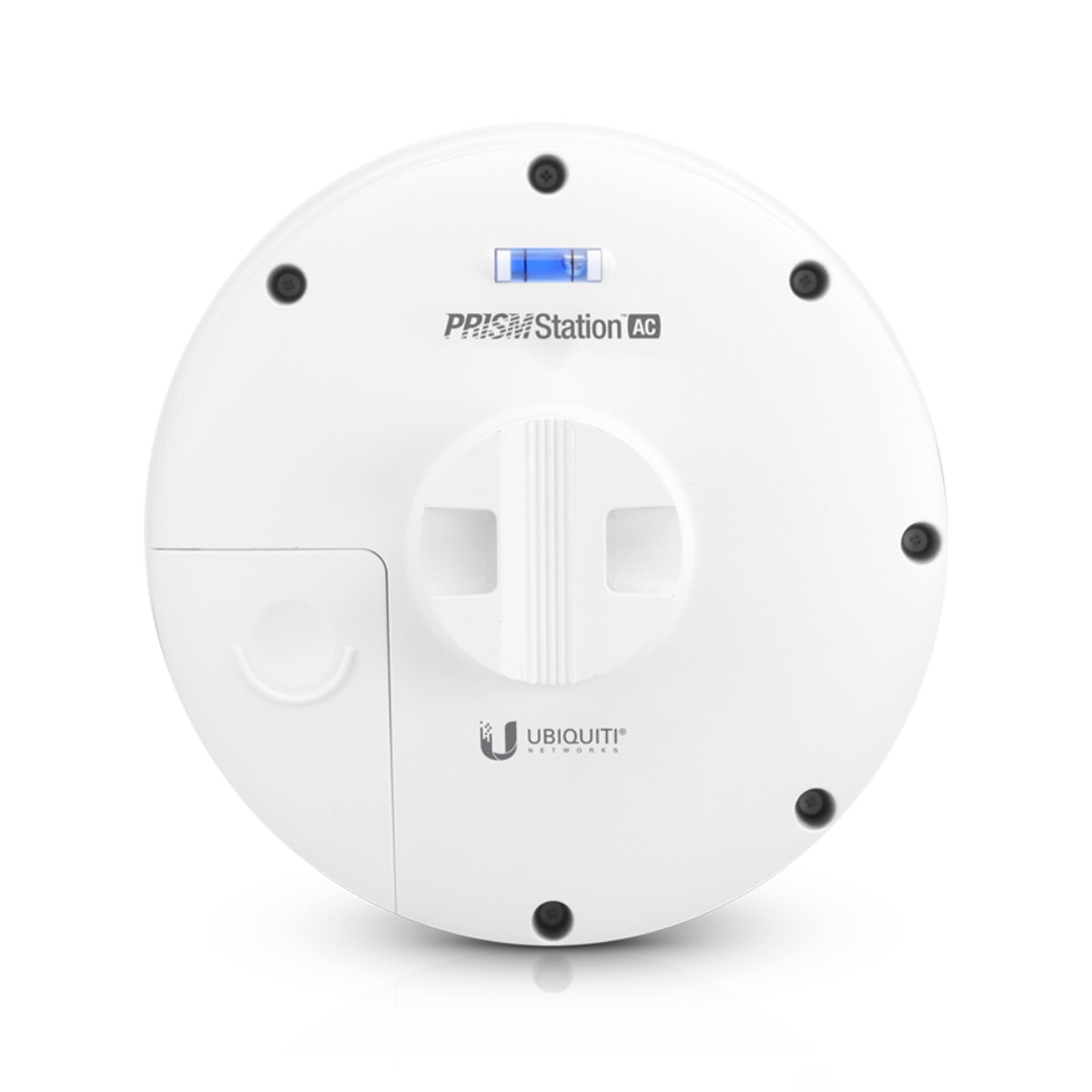 Biały, okrągły Ubiquiti PrismStation AC, urządzenie sieciowe. Posiada wiele otworów na śruby, widoczne jest logo.