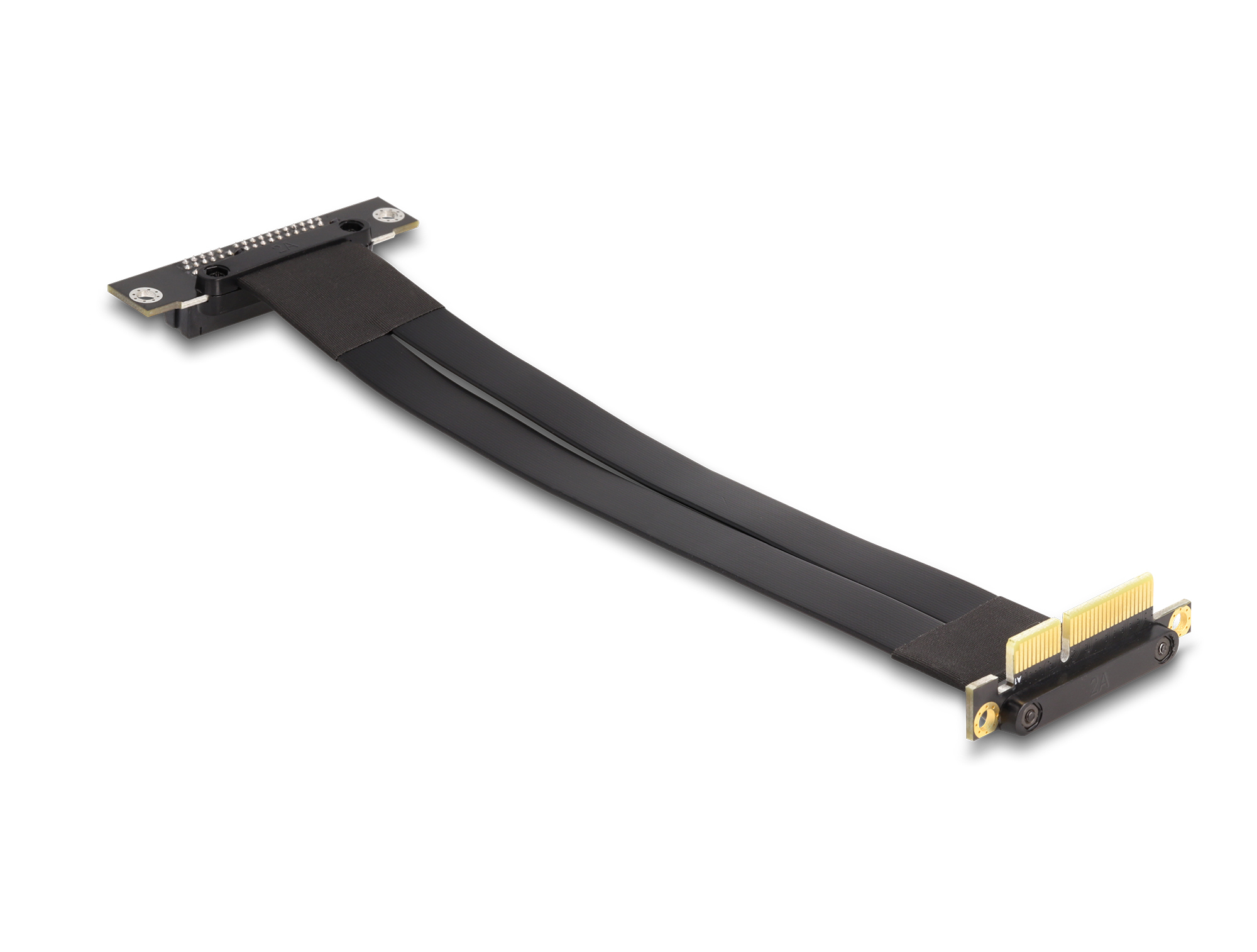 Cavo riser PCI-E nero con connettori su ciascuna estremità. Il cavo è piatto e nero.