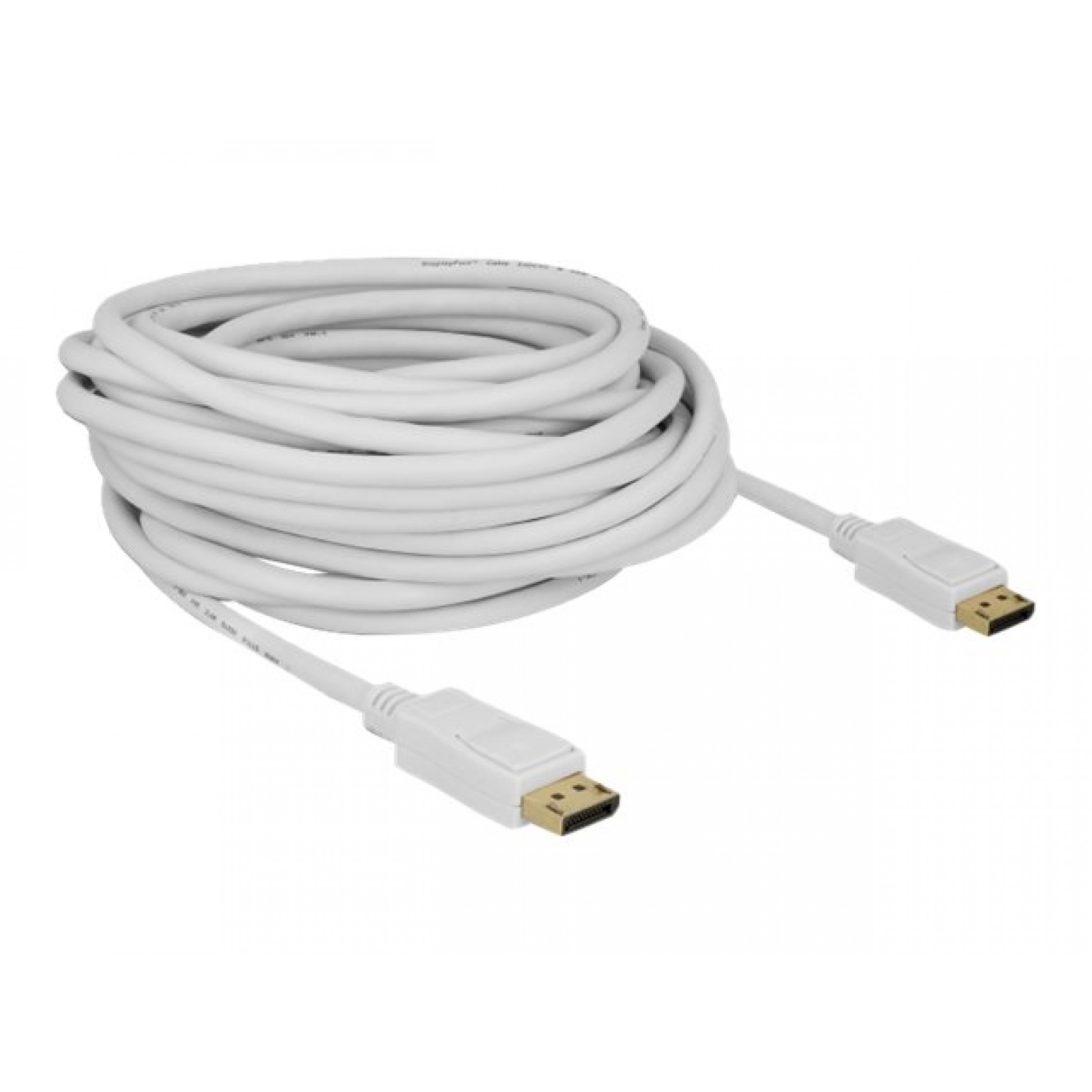 Cavo DisplayPort bianco arrotolato. Entrambe le estremità del cavo hanno connettori DisplayPort con pin dorati.