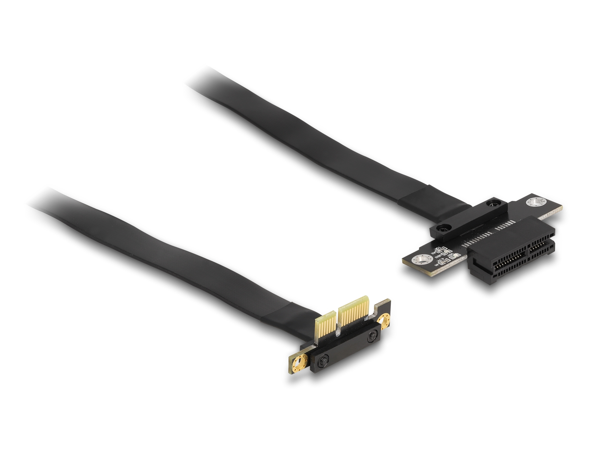 Cavi riser PCI-e neri con due connettori, angolati su una superficie bianca.