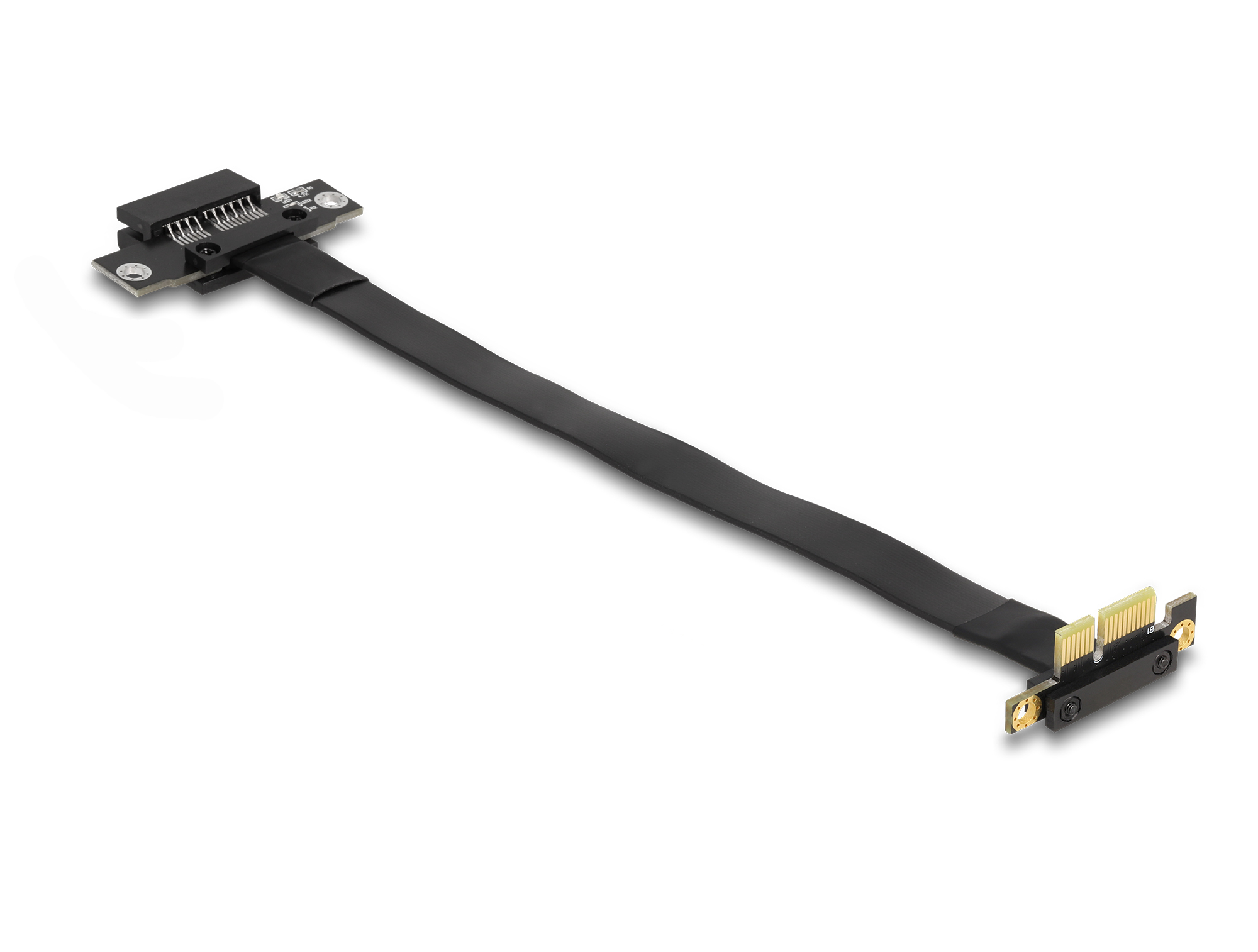 Cavo riser PCI-e nero con due connettori, angolato su una superficie bianca.