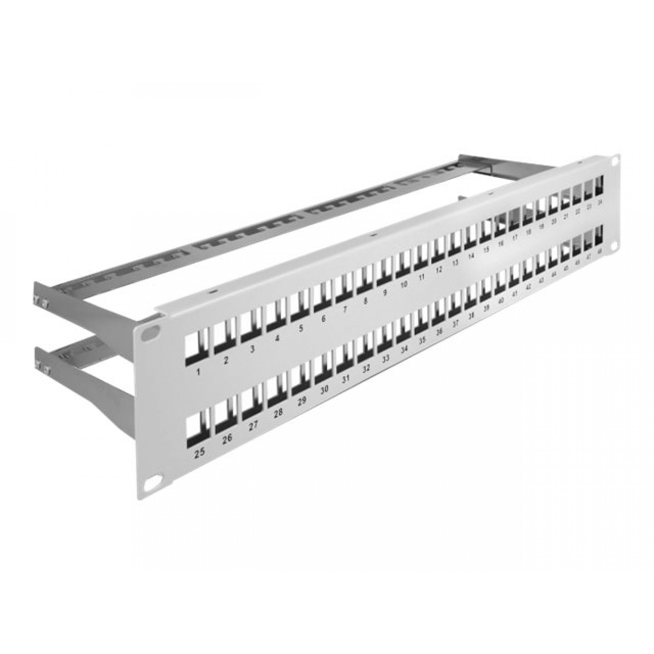 Un pannello di permutazione di rete bianco e grigio con porte etichettate, su sfondo bianco.