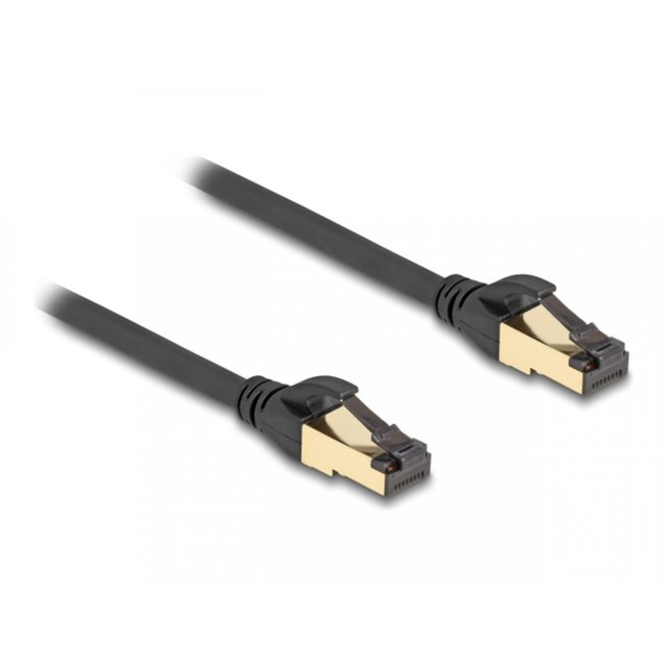 Dwa czarne kable sieciowe ze złotymi złączami na białym tle.