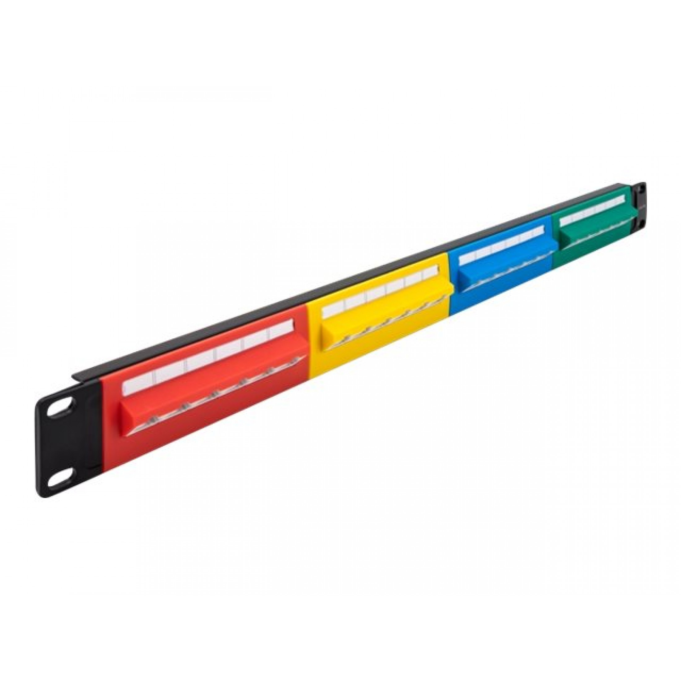 Un pannello rack con porte colorate per connessioni di rete.
