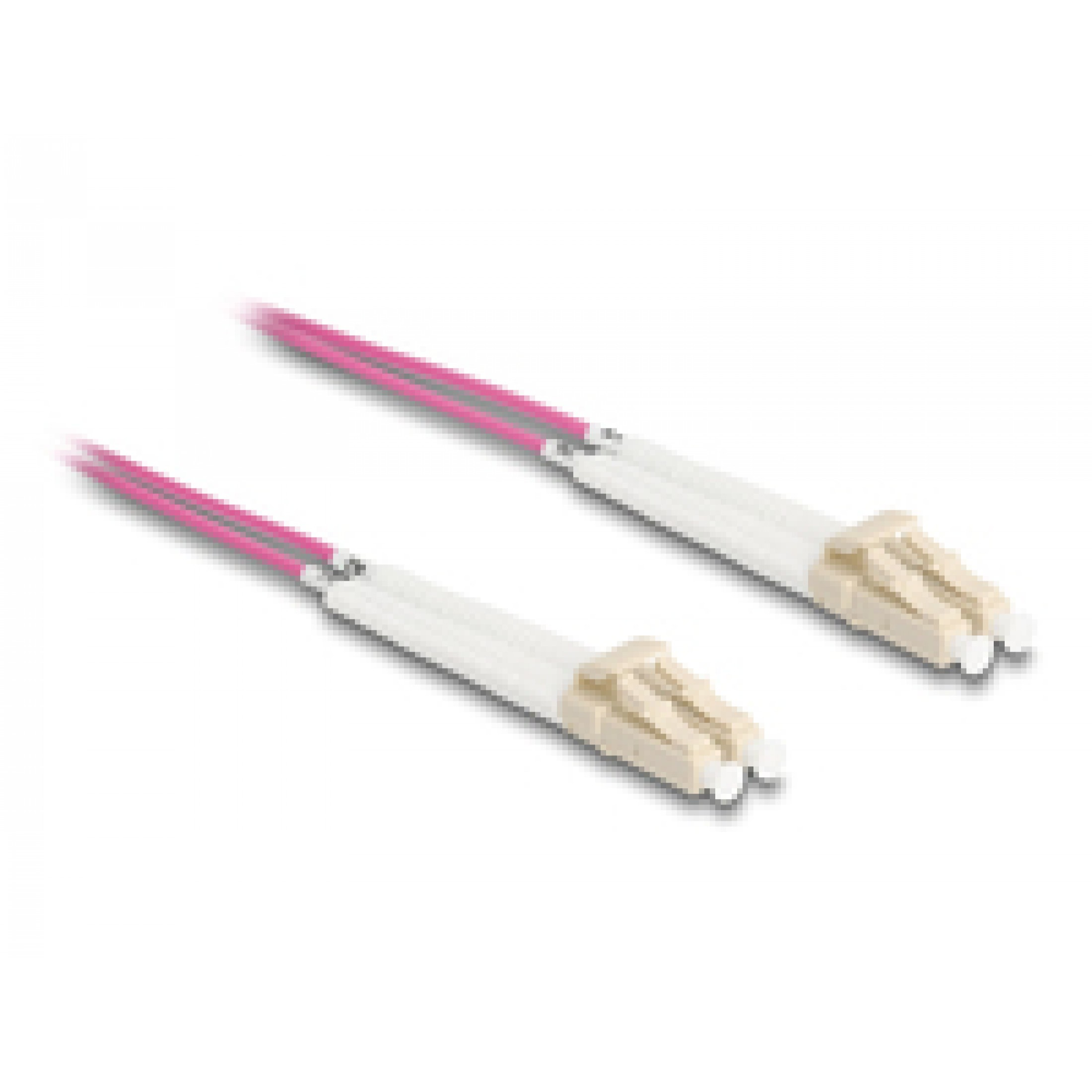 Due connettori per cavi in fibra ottica bianchi con cavi rosa su sfondo bianco.
