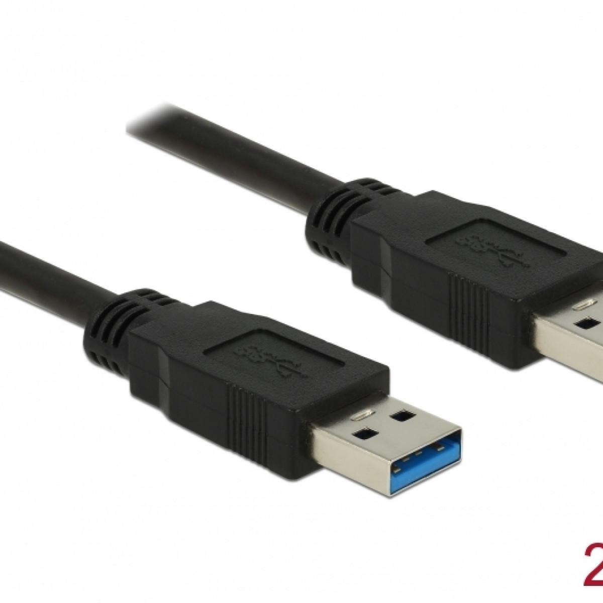 Due cavi USB neri con inserti blu sui connettori, su una superficie bianca.