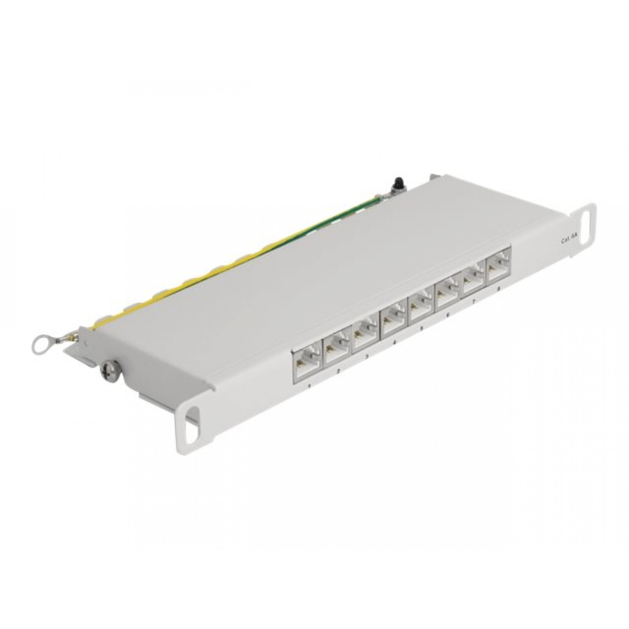 Un dispositivo di rete rettangolare bianco con più porte. Ha un cavo verde e giallo sopra.