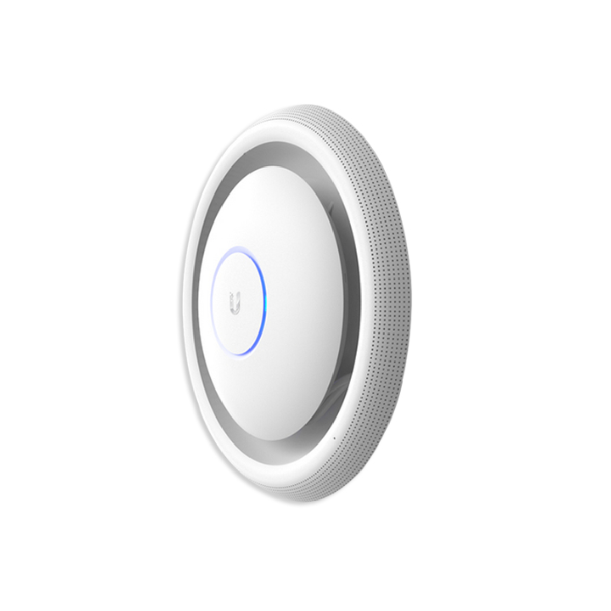 Un dispositivo di rete bianco e rotondo con una luce blu. Ha un bordo grigio perforato.