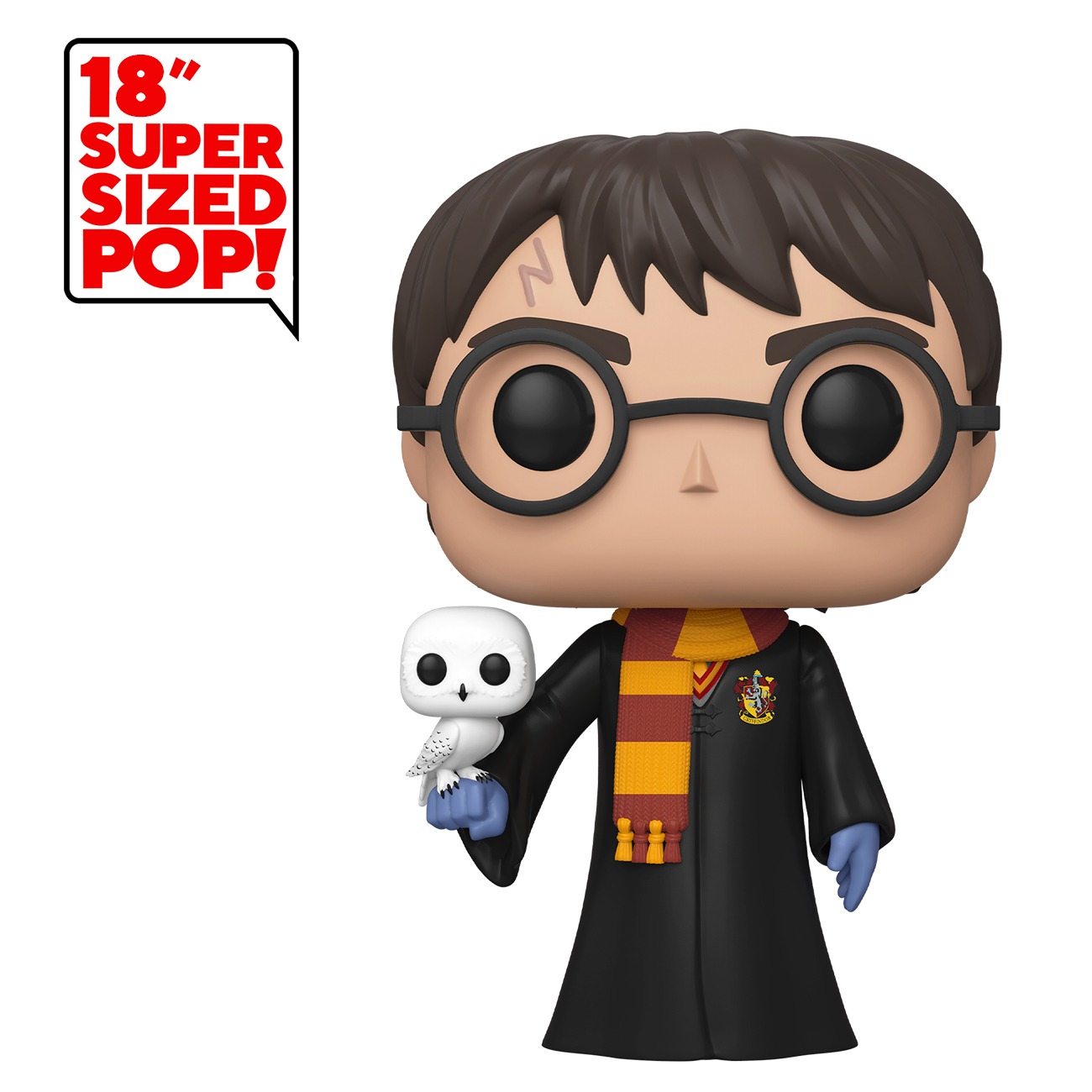 Duża figurka Funko Pop Harry'ego Pottera z sową, w szaliku i szatach. Zawiera tekst 'SUPER SIZED POP!'.