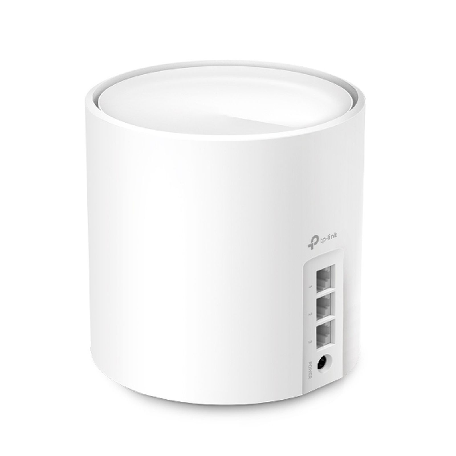 Biały, cylindryczny router TP-Link z portami z tyłu. Jest na białym tle.