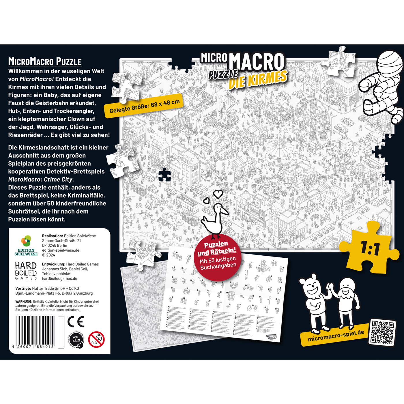 Puzzleteile und die Schachtel eines MicroMacro-Puzzlespiels mit einer detaillierten Illustration einer Stadtszene.