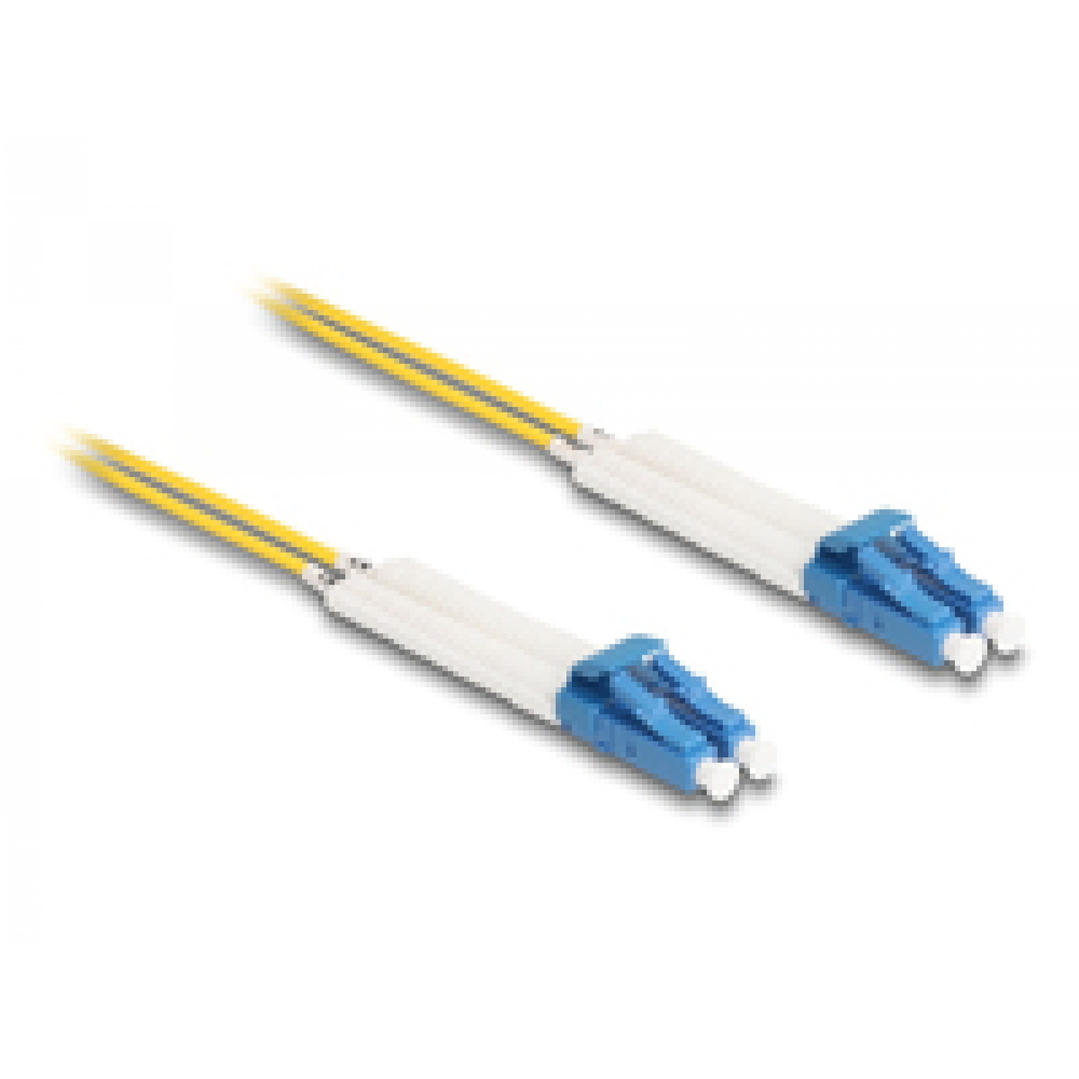 Due cavi in fibra ottica con connettori gialli e blu, sfondo bianco.