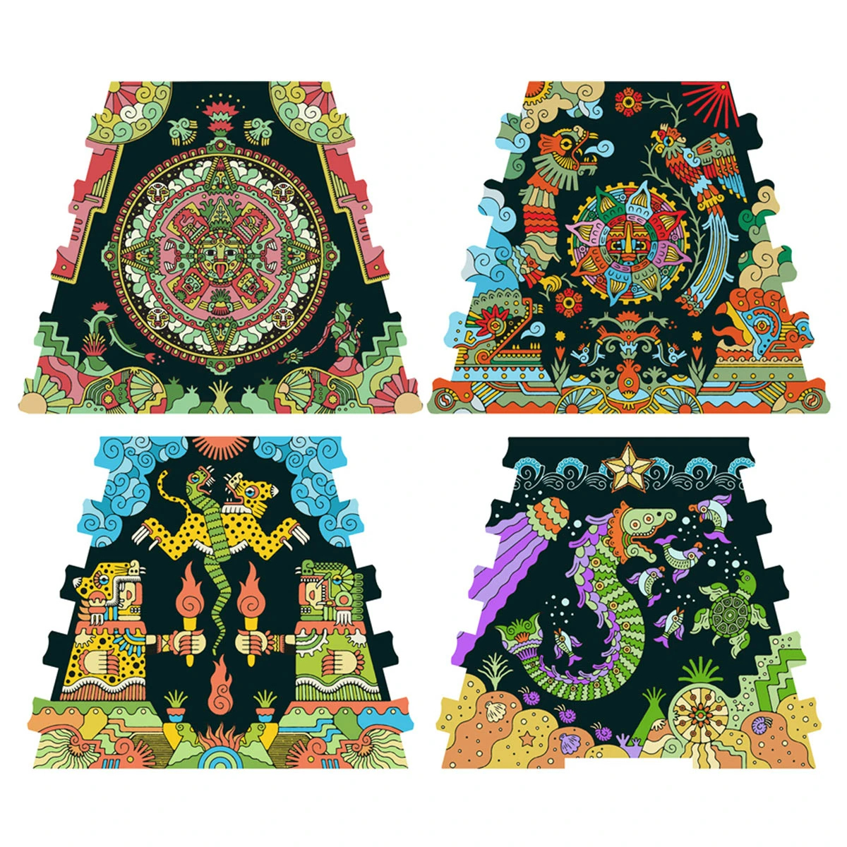 Vier farbenfrohe Puzzleteile im Azteken-Stil. Jedes zeigt ein anderes Design mit geometrischen Formen.