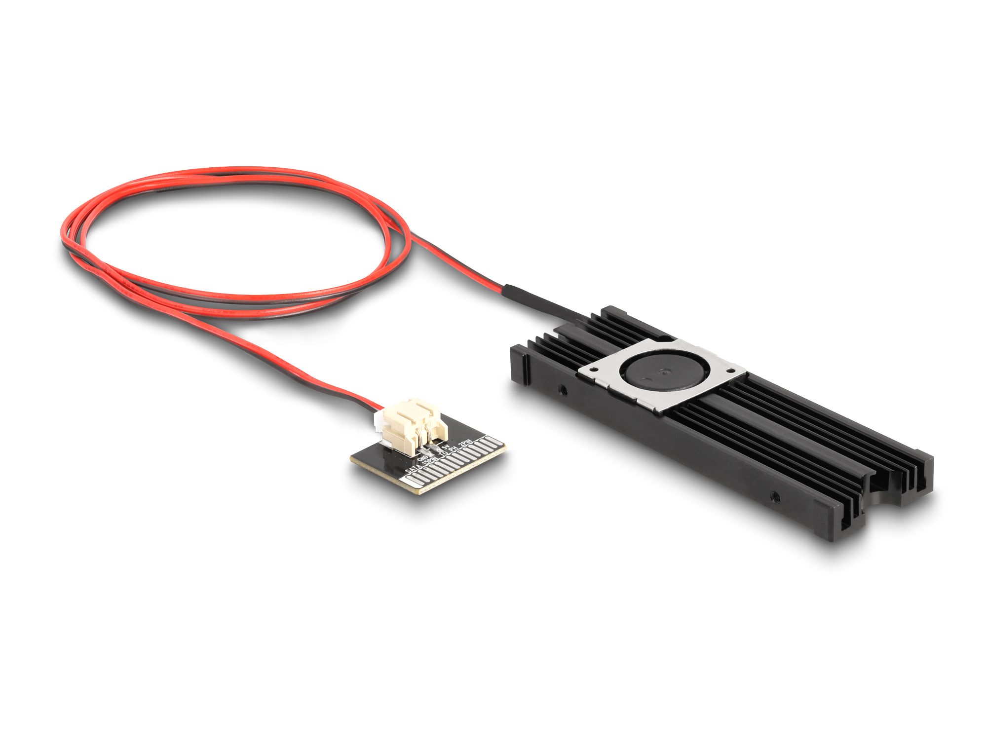 Componente elettronico nero e argento con filo rosso e connettore.