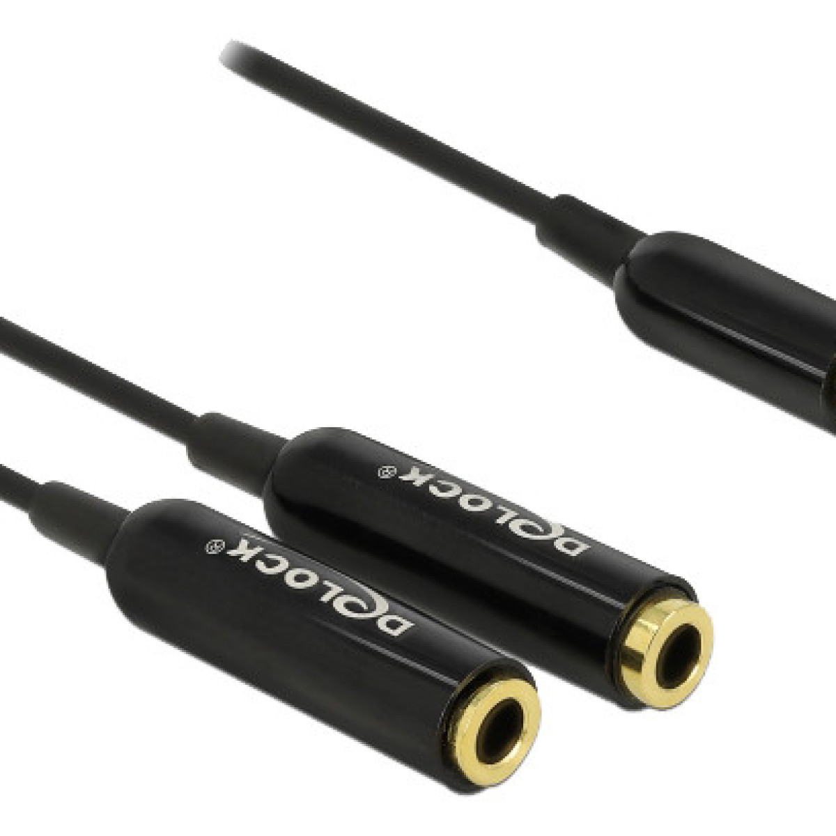Dos adaptadores de conector de audio negros con conectores dorados.