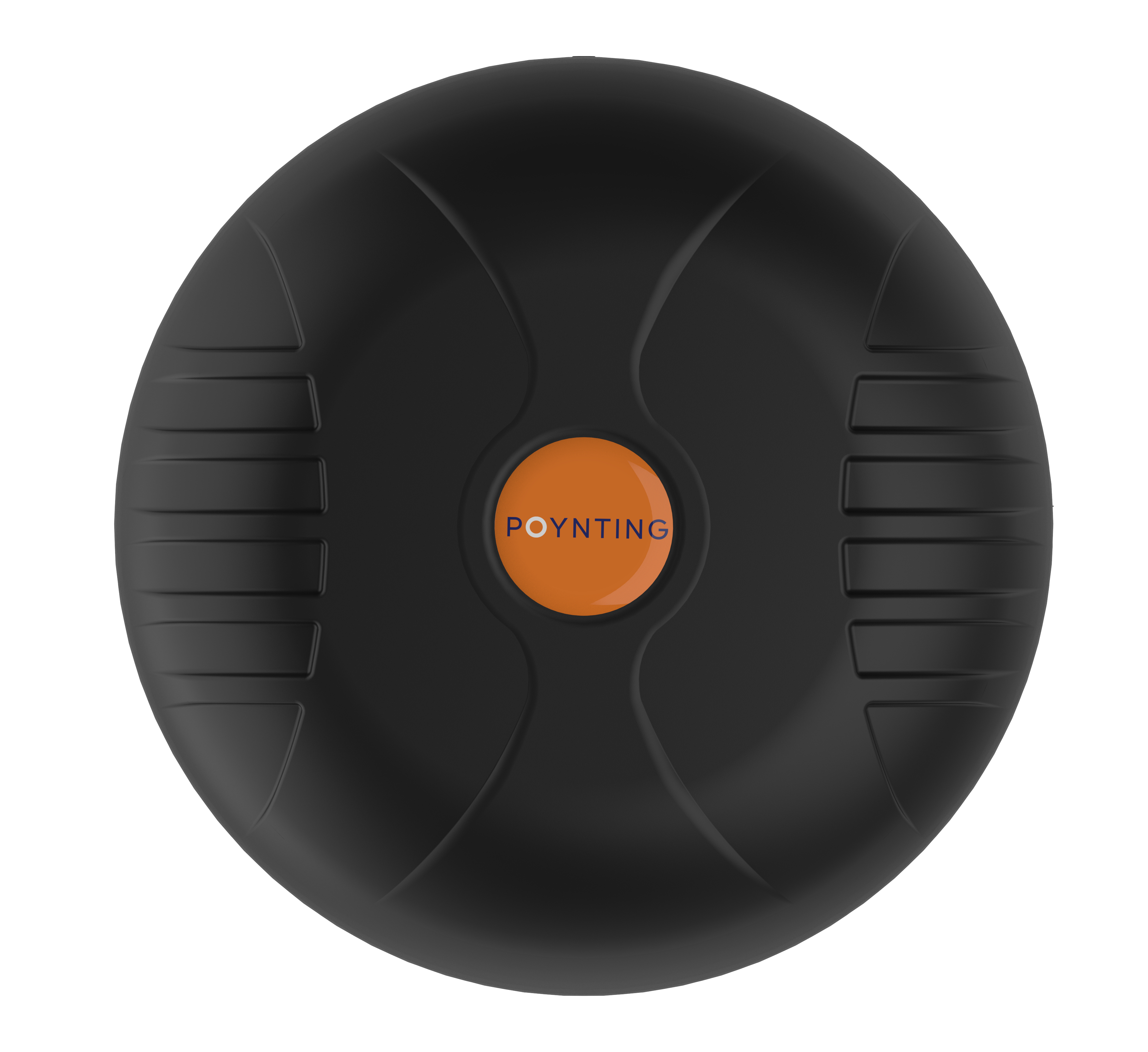 Czarne, okrągłe urządzenie ze słowem POYNTING na pomarańczowym okręgu.